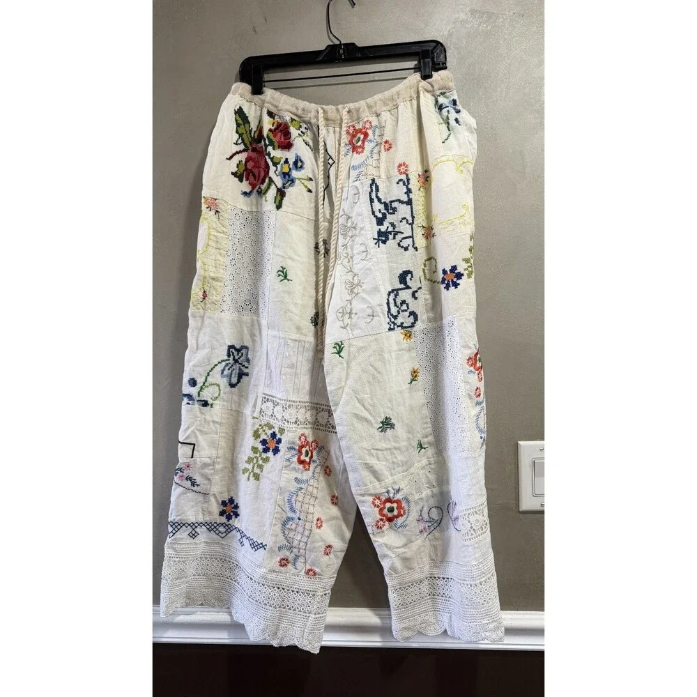 Free People Wallflower Pull-On Pants Embroidered Patchwork  M Imperfect